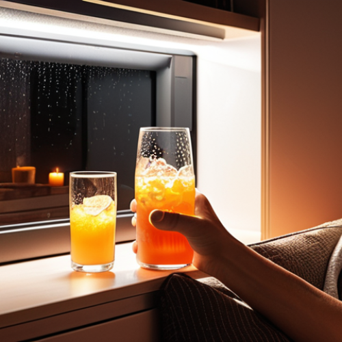 **Image Prompt:** A warmly lit living room at night. A person is relaxing on a comfortable sofa, holding a smart glass with condensation, next to an intelligent beverage refrigerator with a soft light, and with a soundbar creating an immersive atmosphere. The warm colors in the LED strips and ambient lighting create a relaxing atmosphere.