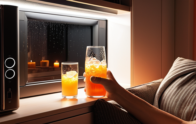 **Image Prompt:** A warmly lit living room at night. A person is relaxing on a comfortable sofa, holding a smart glass with condensation, next to an intelligent beverage refrigerator with a soft light, and with a soundbar creating an immersive atmosphere. The warm colors in the LED strips and ambient lighting create a relaxing atmosphere.