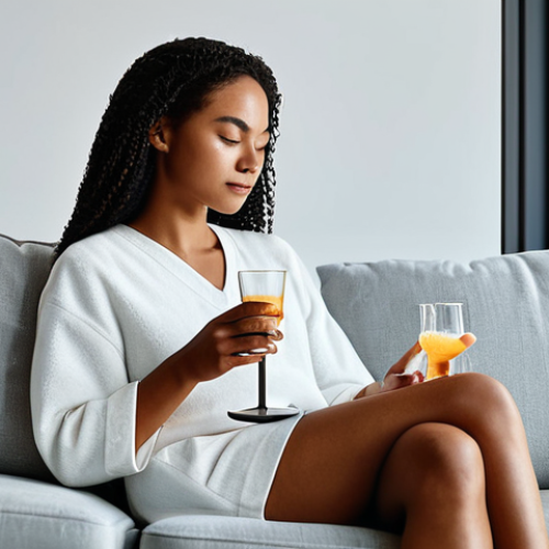 A person in comfortable, modest loungewear, sitting relaxed on a plush sofa in a tastefully decorated modern living room. The person is gently holding a glass of a premium, non-alcoholic beverage or a sophisticated craft drink, looking contemplative and at peace. Soft, warm lighting creates a serene atmosphere, emphasizing personal relaxation and a high-quality individual experience. perfect anatomy, correct proportions, natural pose, well-formed hands, proper finger count, safe for work, appropriate content, fully clothed, family-friendly, professional photography, high quality.
