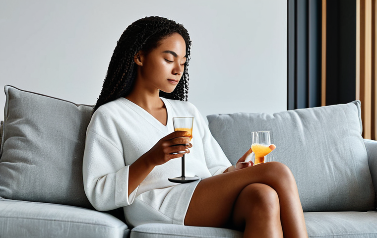 A person in comfortable, modest loungewear, sitting relaxed on a plush sofa in a tastefully decorated modern living room. The person is gently holding a glass of a premium, non-alcoholic beverage or a sophisticated craft drink, looking contemplative and at peace. Soft, warm lighting creates a serene atmosphere, emphasizing personal relaxation and a high-quality individual experience. perfect anatomy, correct proportions, natural pose, well-formed hands, proper finger count, safe for work, appropriate content, fully clothed, family-friendly, professional photography, high quality.