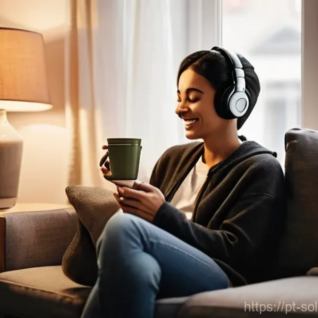 혼술 관련 팟캐스트 추천 - **Prompt:** A cozy, serene home environment at dusk. A person (gender-neutral, in their late 20s to ...
