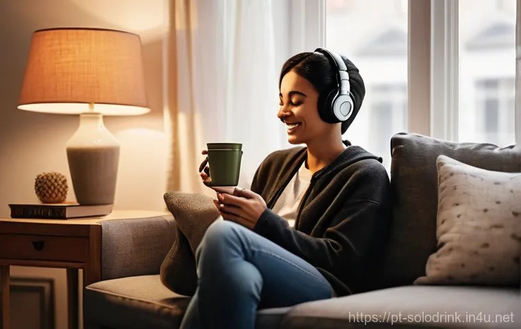 혼술 관련 팟캐스트 추천 - **Prompt:** A cozy, serene home environment at dusk. A person (gender-neutral, in their late 20s to ...
