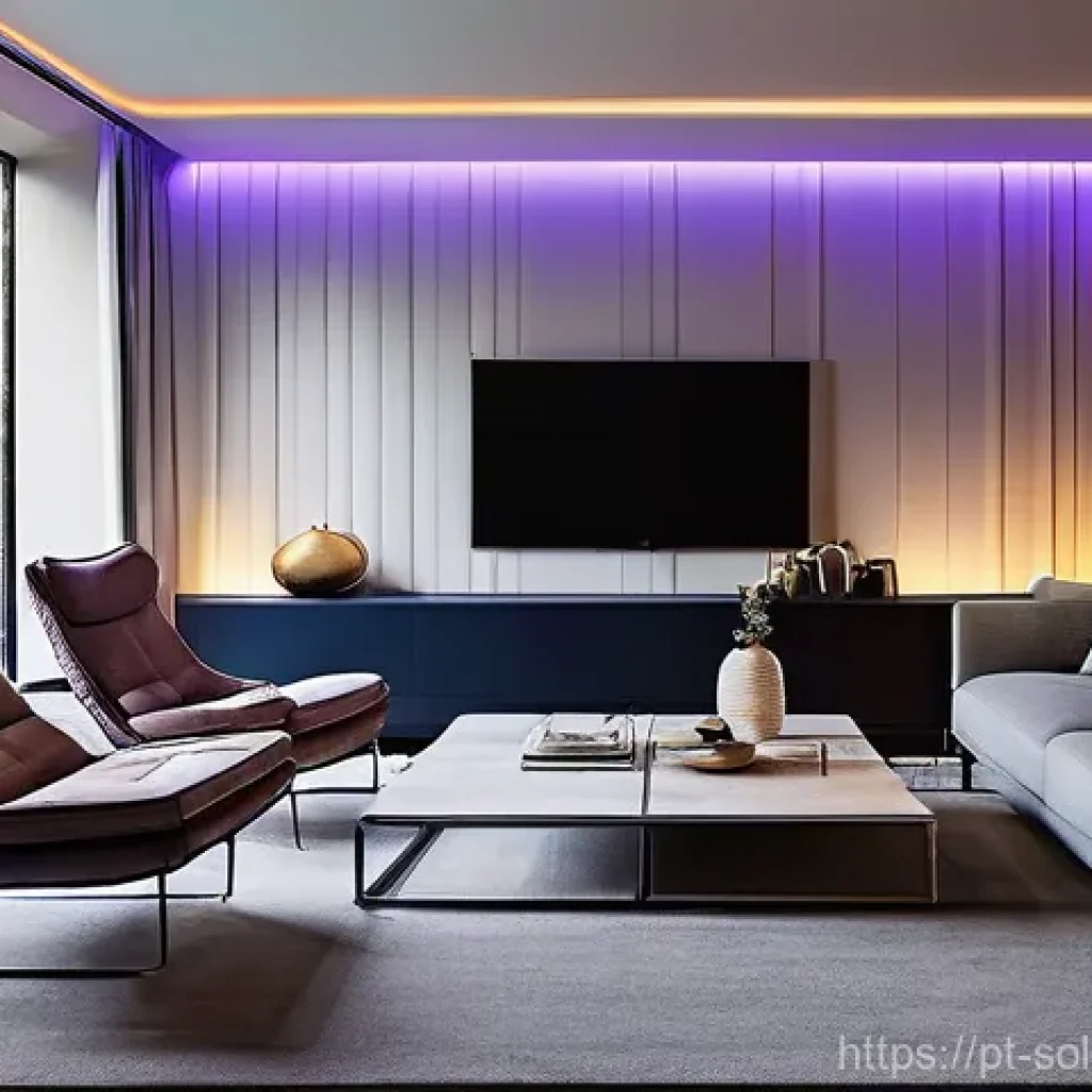 혼술할 때 필수 IT 기기 추천 - **Prompt 1: Serene Smart Living Room with Ambient Lighting and Music**
    "A cozy, sophisticated li...