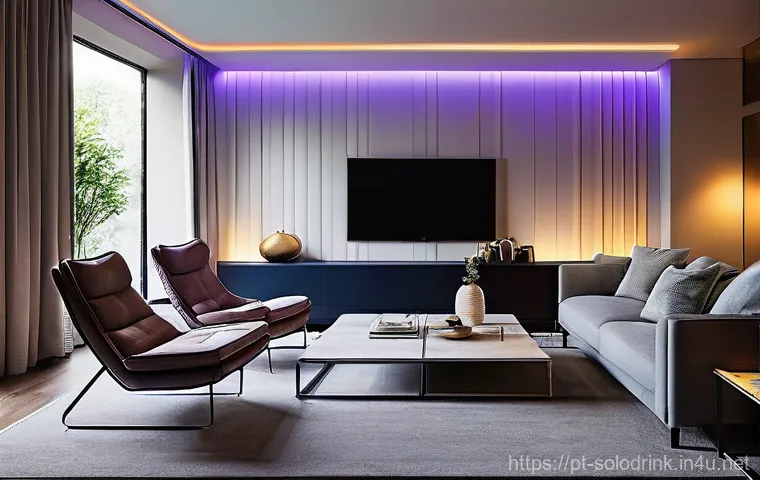 혼술할 때 필수 IT 기기 추천 - **Prompt 1: Serene Smart Living Room with Ambient Lighting and Music**
    "A cozy, sophisticated li...