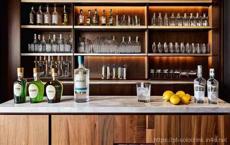 혼술용 미니바 꾸미기 - **Prompt:** A cozy, inviting mini-bar setup in a brightly lit Portuguese living room during the gold...