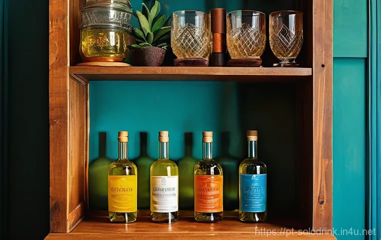 혼술용 미니바 꾸미기 - **Prompt:** A stylish and functional mini-bar area on a contemporary wooden sideboard in a Portugues...