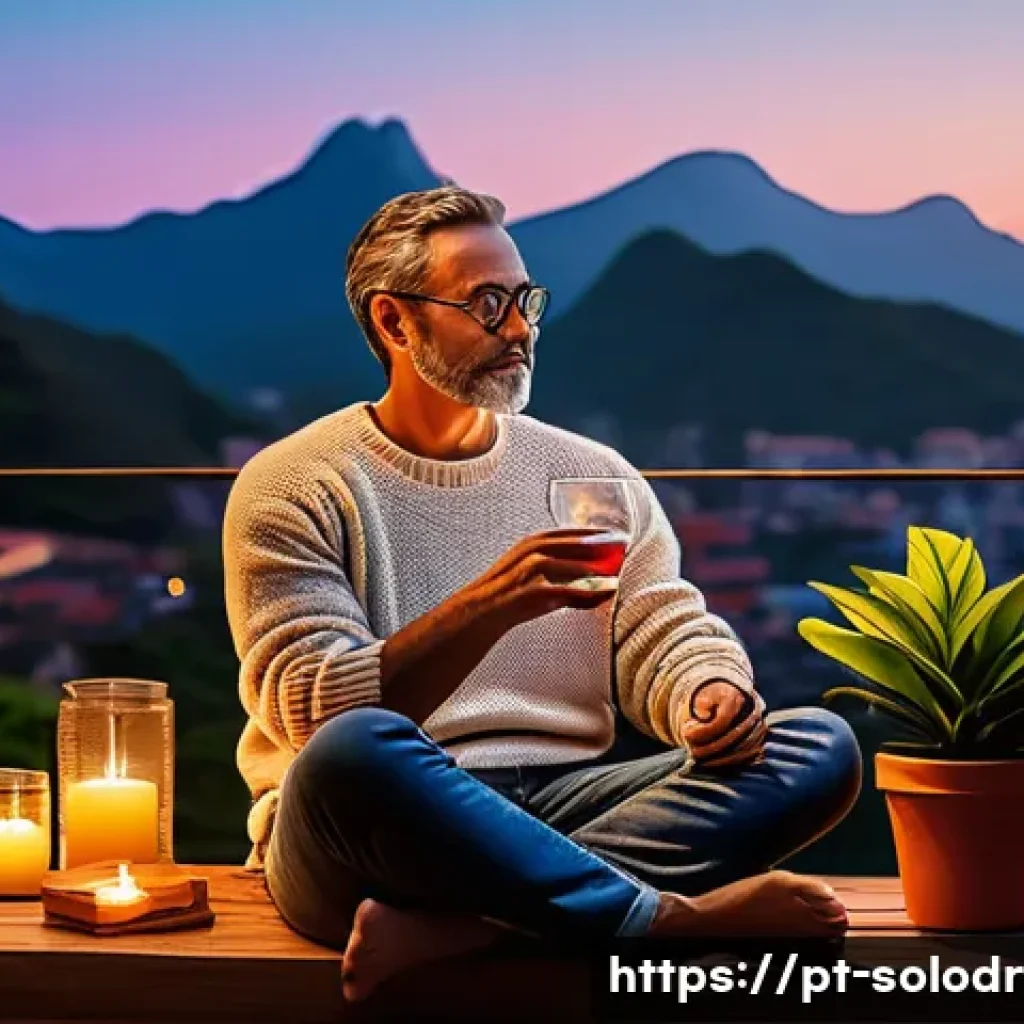 혼술과 멘탈 케어 - A cozy, softly lit home balcony scene at dusk in Brazil, featuring a middle-aged man sitting comfort...