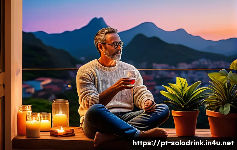 혼술과 멘탈 케어 - A cozy, softly lit home balcony scene at dusk in Brazil, featuring a middle-aged man sitting comfort...