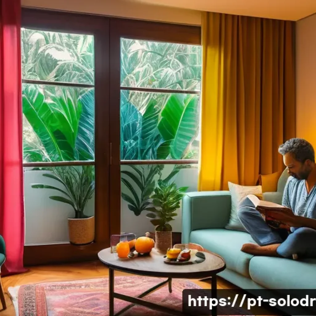 혼술과 문화 콘텐츠   혼술을 다룬 드라마 영화 - A cozy, softly lit living room in a modern Brazilian apartment during a quiet Sunday afternoon. A mi...