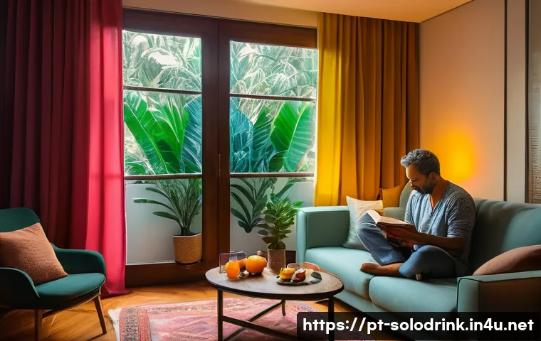 혼술과 문화 콘텐츠   혼술을 다룬 드라마 영화 - A cozy, softly lit living room in a modern Brazilian apartment during a quiet Sunday afternoon. A mi...