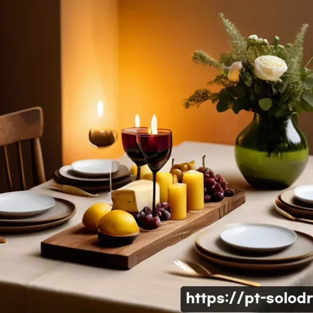 혼술 파티를 위한 감성 테이블 세팅 - A cozy solo party scene set indoors with warm yellow lighting from adjustable LED lamps and several ...