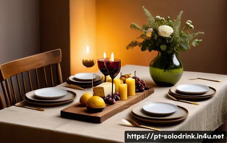 혼술 파티를 위한 감성 테이블 세팅 - A cozy solo party scene set indoors with warm yellow lighting from adjustable LED lamps and several ...