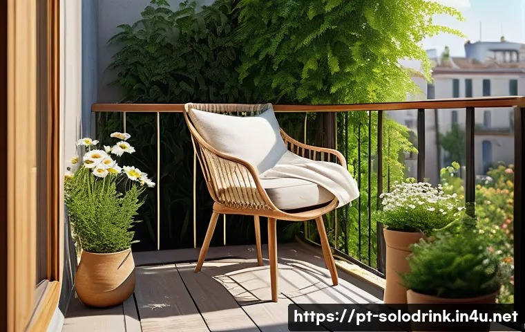 혼술과 명상 결합 - A cozy balcony scene bathed in warm natural sunlight, filled with lush green plants and delicate flo...