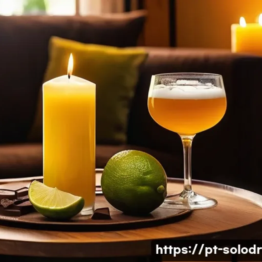 혼술과 전통주 체험 - A cozy home tasting corner bathed in warm yellow light and soft candle glow, featuring a rustic wood...