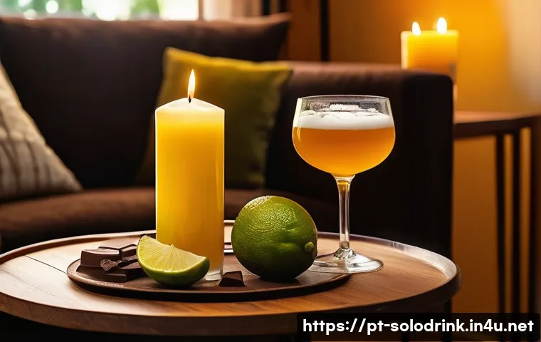 혼술과 전통주 체험 - A cozy home tasting corner bathed in warm yellow light and soft candle glow, featuring a rustic wood...