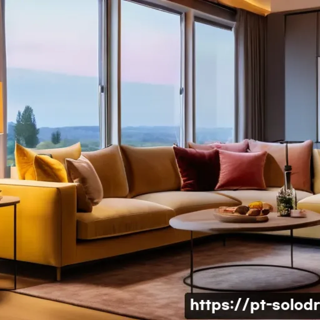 혼술할 때 조명 연출법 - A cozy modern living room at dusk illuminated by warm LED lights with a soft yellow glow, featuring ...