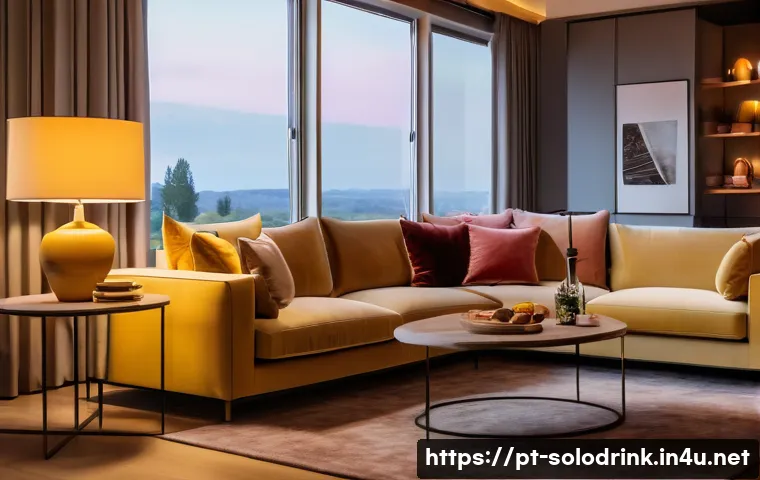 혼술할 때 조명 연출법 - A cozy modern living room at dusk illuminated by warm LED lights with a soft yellow glow, featuring ...