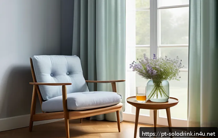 혼술과 컬러테라피 - A serene relaxation nook bathed in soft natural light with a calming color palette of light blue and...