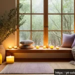 Home 20 혼술 파티 테마 설정 방법 - A cozy zen sanctuary room featuring soft yellow and fairy lights, scented lavender and eucalyptus ca...
