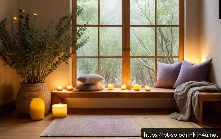 혼술 파티 테마 설정 방법 - A cozy zen sanctuary room featuring soft yellow and fairy lights, scented lavender and eucalyptus ca...