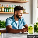 Home 18 혼술과 AI 술 추천 AI 앱 활용 - A modern, cozy home bar setting in a Brazilian apartment during a warm afternoon, featuring a young ...