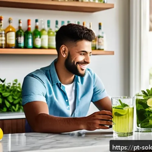 Home 30 혼술과 AI 술 추천 AI 앱 활용 - A modern, cozy home bar setting in a Brazilian apartment during a warm afternoon, featuring a young ...