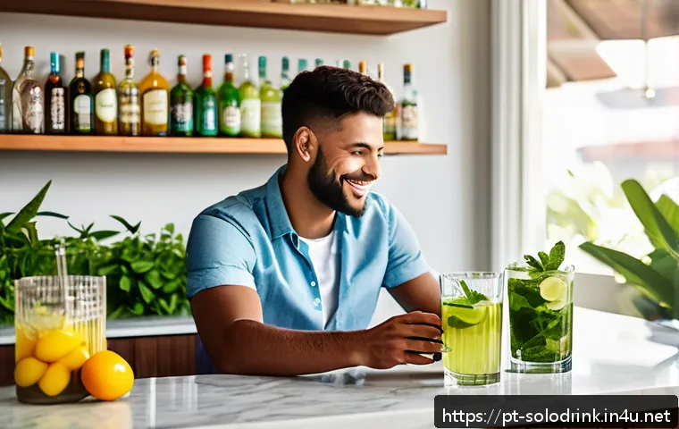 혼술과 AI   술 추천 AI 앱 활용 - A modern, cozy home bar setting in a Brazilian apartment during a warm afternoon, featuring a young ...