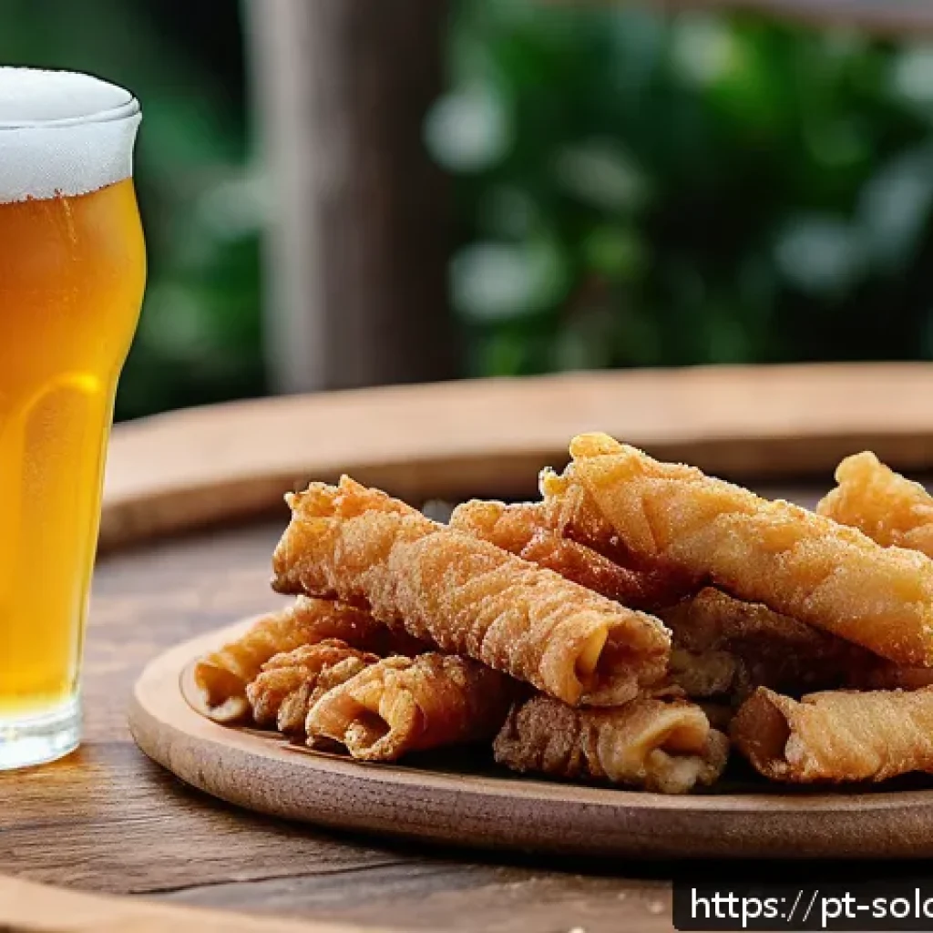 맥주와 어울리는 안주 - A close-up of crispy Brazilian torresmo served on a rustic wooden plate, glistening with golden-brow...