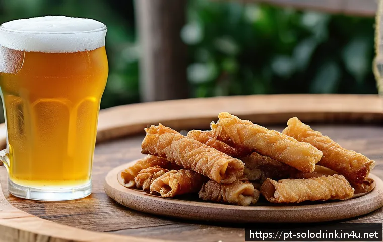 맥주와 어울리는 안주 - A close-up of crispy Brazilian torresmo served on a rustic wooden plate, glistening with golden-brow...