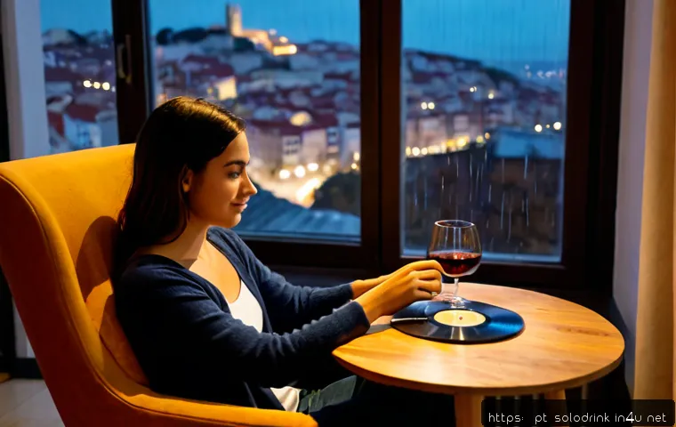 혼술 감성 음악 플레이리스트 - Photorealistic cozy solo evening at home in Lisbon, a young adult relaxing in a comfortable armchair...