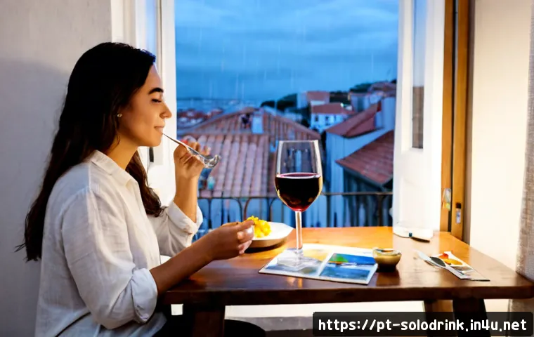 혼술할 때 즐기는 힐링 액티비티 - Photorealistic cozy Lisbon apartment at dusk, a relaxed adult enjoying a quiet glass of Portuguese r...