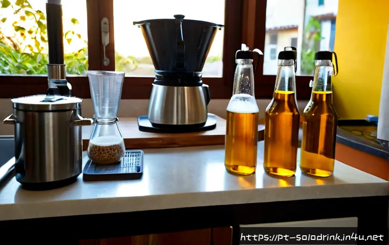 혼술용 홈브루잉 키트 추천 - Photorealistic homebrewing starter kit arranged on a clean kitchen counter in a cozy Brazilian apart...